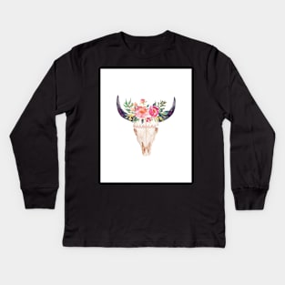 Bull skull with flower crown - hand painted watercolor Kids Long Sleeve T-Shirt